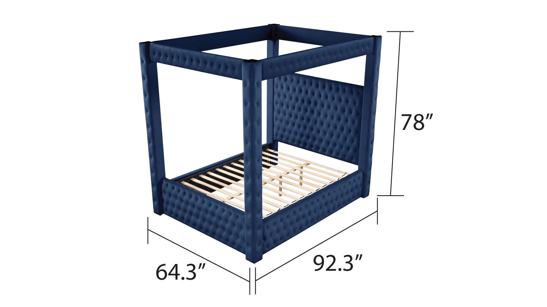 Monica Luxurious Four Poster Full Bed Made With Wood In Navy Box Spring Not Required Full Navy Wood Bedroom Modern Upholstered Velvet Wood
