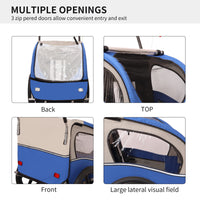 2 In 1 Double 2 Seat Bicycle Bike Trailer Jogger Stroller For Kids Children Foldable Collapsible W Pivot Front Wheel Blue Gray Fabric Steel
