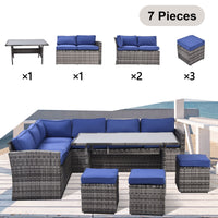 Outdoor Patio Furniture Set,7 Pieces Outdoor Sectional Conversation Sofa With Dining Table,Chairs And Ottomans,All Weather Pe Rattan And Steel Frame,With Backrest And Removable Cushions Grey Blue Yes Dining Set Grey Blue Weather Resistant Frame Garden &