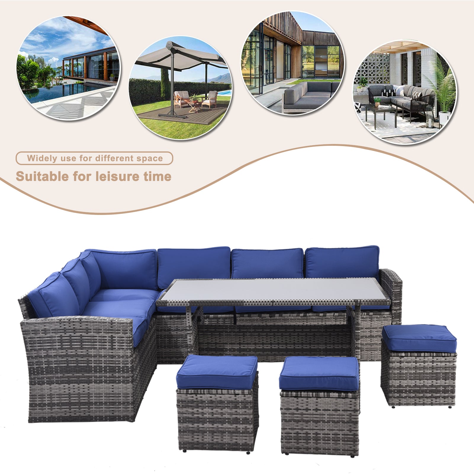 Outdoor Patio Furniture Set,7 Pieces Outdoor Sectional Conversation Sofa With Dining Table,Chairs And Ottomans,All Weather Pe Rattan And Steel Frame,With Backrest And Removable Cushions Grey Blue Yes Dining Set Grey Blue Weather Resistant Frame Garden &