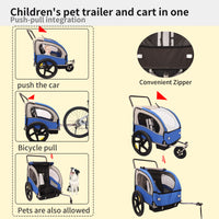 2 In 1 Double 2 Seat Bicycle Bike Trailer Jogger Stroller For Kids Children Foldable Collapsible W Pivot Front Wheel Blue Gray Fabric Steel