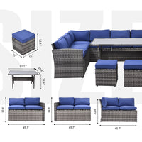 Outdoor Patio Furniture Set,7 Pieces Outdoor Sectional Conversation Sofa With Dining Table,Chairs And Ottomans,All Weather Pe Rattan And Steel Frame,With Backrest And Removable Cushions Grey Blue Yes Dining Set Grey Blue Weather Resistant Frame Garden &