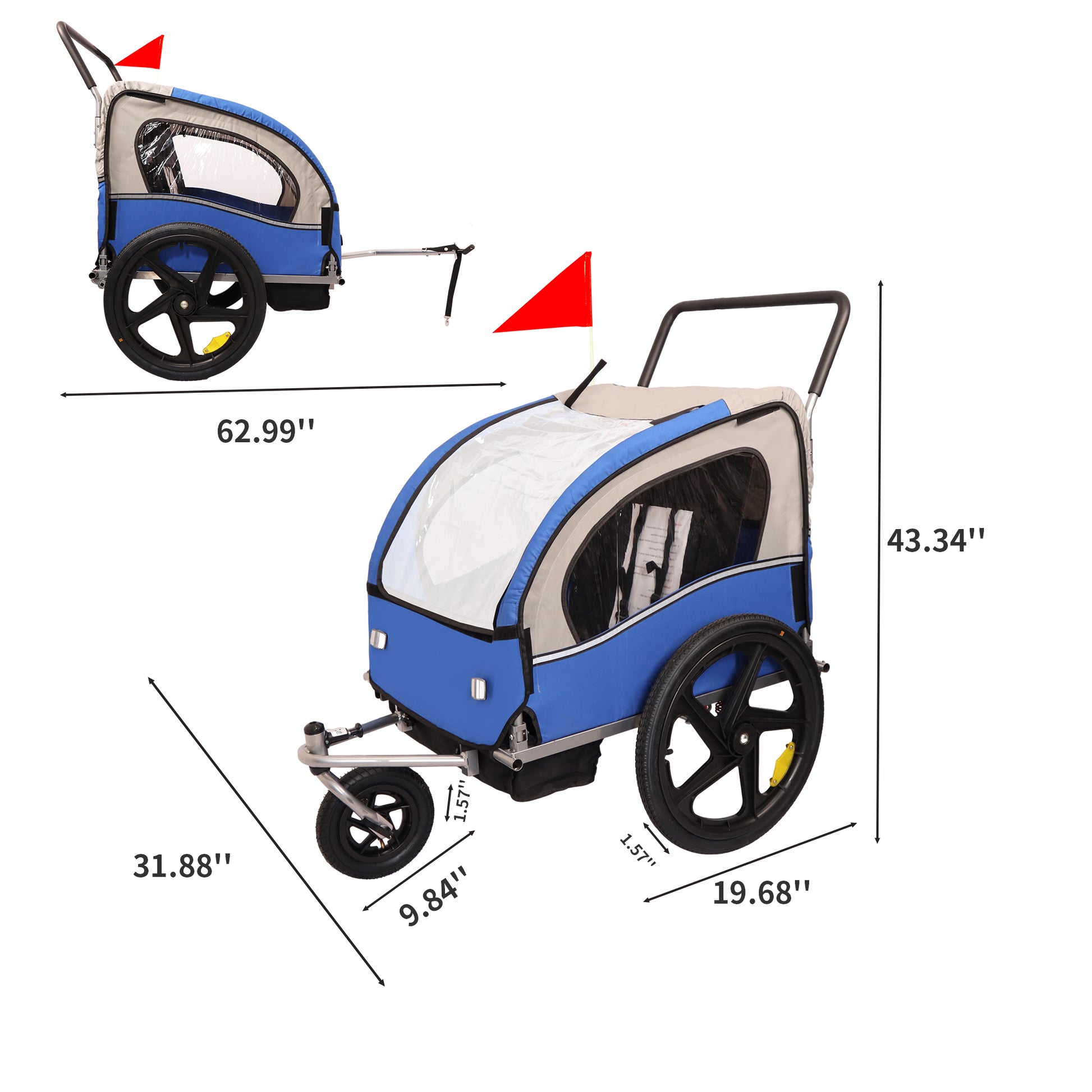 2 In 1 Double 2 Seat Bicycle Bike Trailer Jogger Stroller For Kids Children Foldable Collapsible W Pivot Front Wheel Blue Gray Fabric Steel