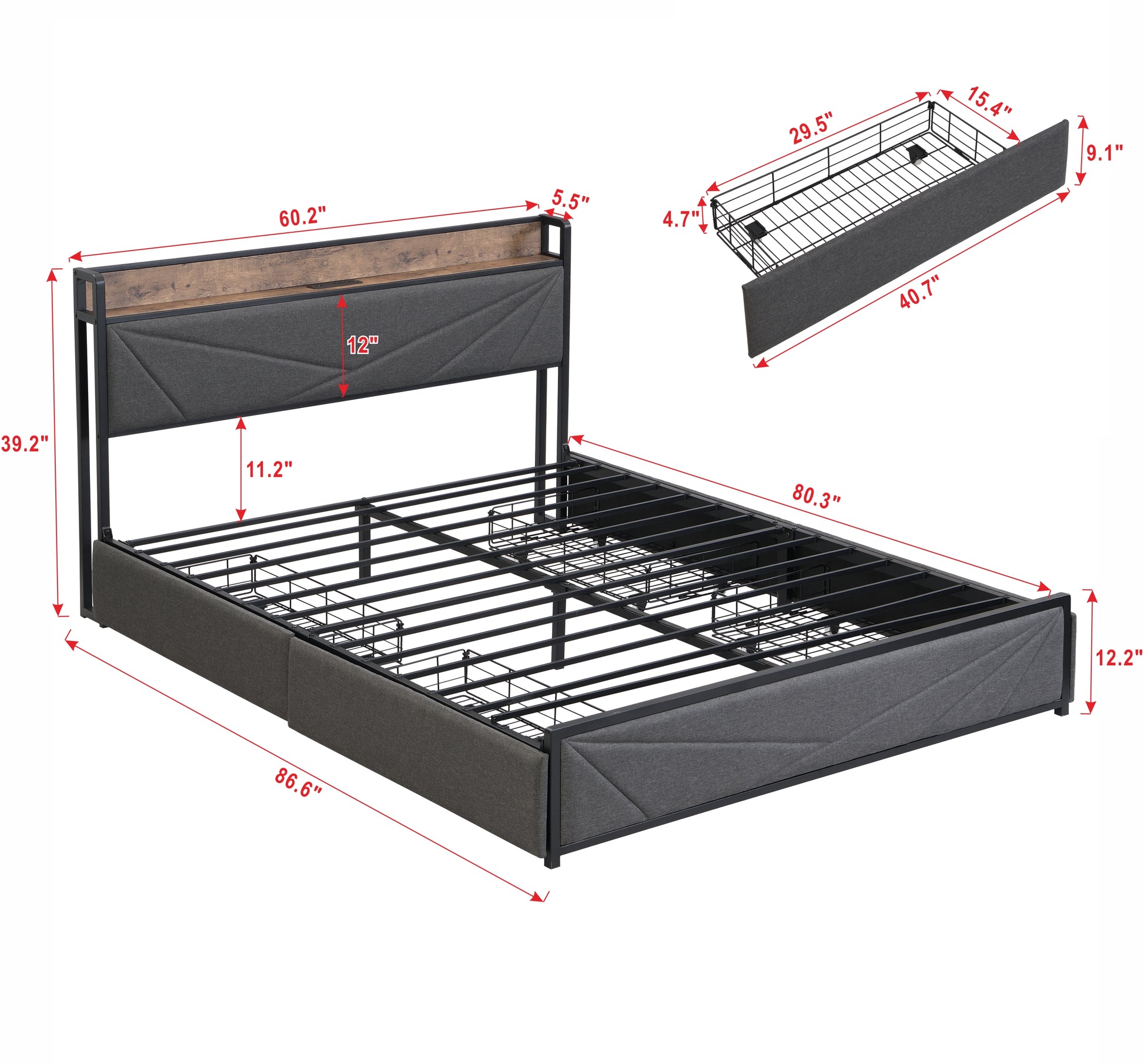 Queen Bed Frame, Storage Headboard With Charging Station, Solid And Stable, Noise Free, No Box Spring Needed, Easy Assembly Queen Antique Dark Grey Metal Bedroom Bed Frame Metal & Wood