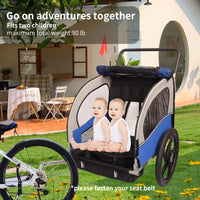 2 In 1 Double 2 Seat Bicycle Bike Trailer Jogger Stroller For Kids Children Foldable Collapsible W Pivot Front Wheel Blue Gray Fabric Steel
