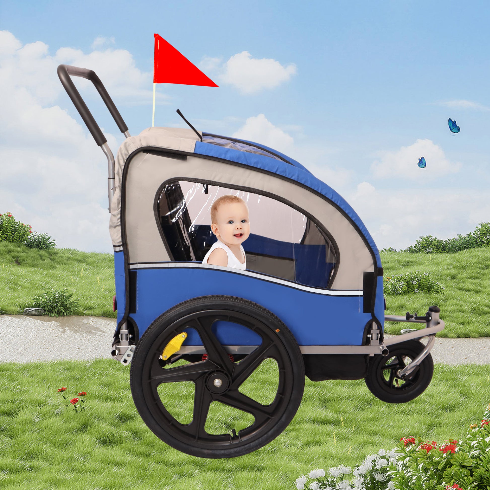 2 In 1 Double 2 Seat Bicycle Bike Trailer Jogger Stroller For Kids Children Foldable Collapsible W Pivot Front Wheel Blue Gray Fabric Steel