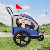 2 In 1 Double 2 Seat Bicycle Bike Trailer Jogger Stroller For Kids Children Foldable Collapsible W Pivot Front Wheel Blue Gray Fabric Steel