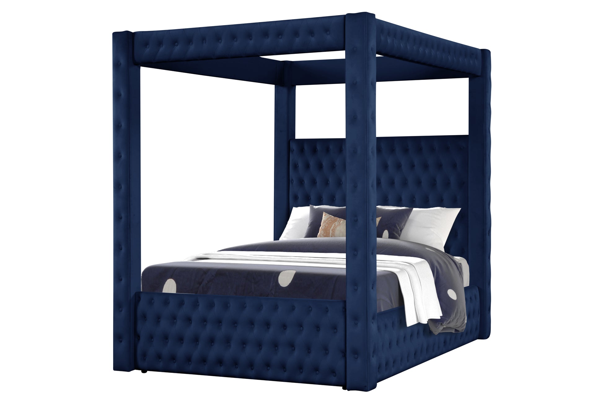 Monica Luxurious Four Poster Full Bed Made With Wood In Navy Box Spring Not Required Full Navy Wood Bedroom Modern Upholstered Velvet Wood