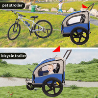 2 In 1 Double 2 Seat Bicycle Bike Trailer Jogger Stroller For Kids Children Foldable Collapsible W Pivot Front Wheel Blue Gray Fabric Steel