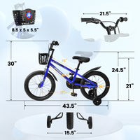 Kids Bike 16 Inch For Boys & Girls With Training Wheels, Freestyle Kids' Bicycle With Bell,Basket And Fender. Blue Steel