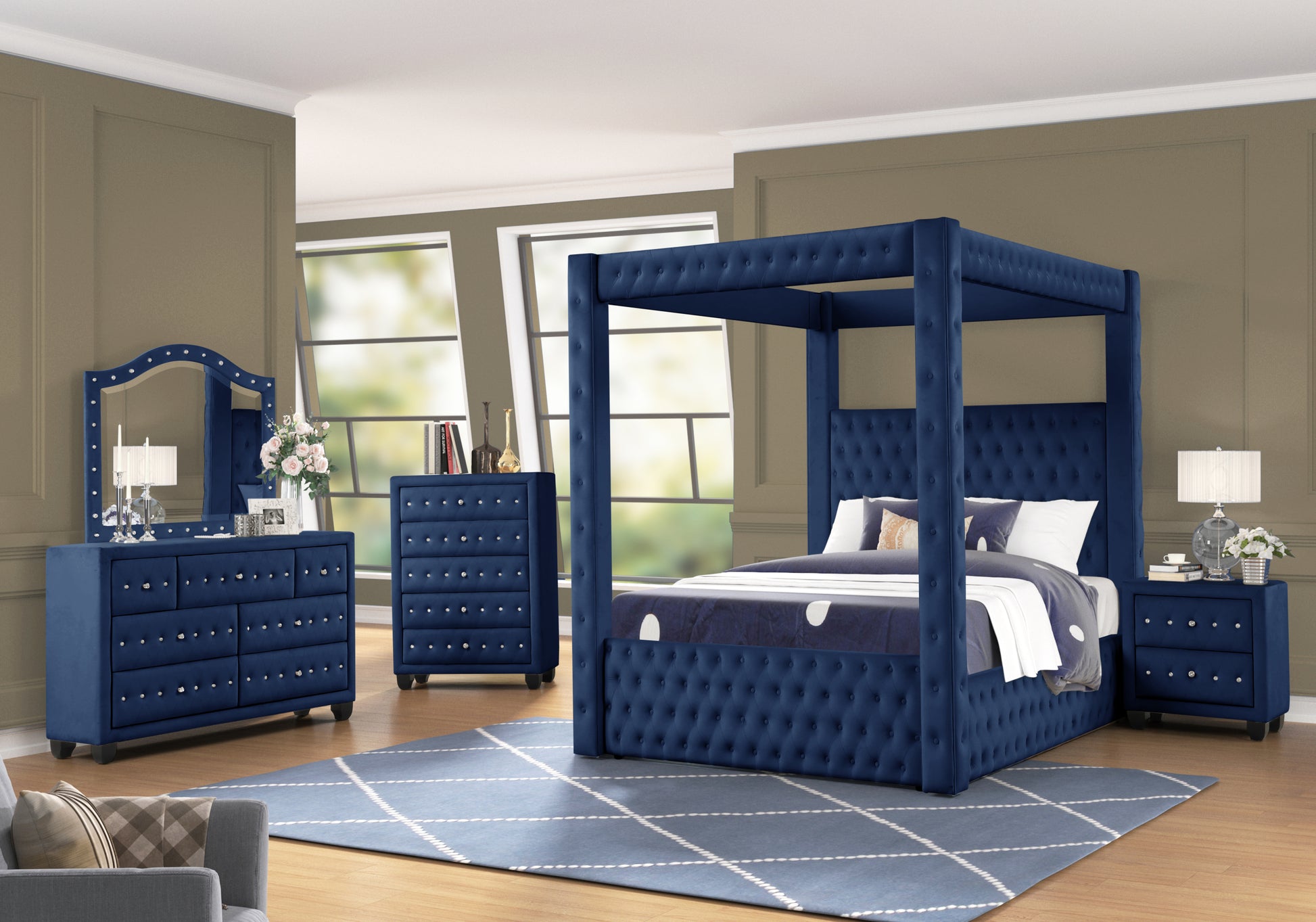 Monica Luxurious Four Poster Full Bed Made With Wood In Navy Box Spring Not Required Full Navy Wood Bedroom Modern Upholstered Velvet Wood