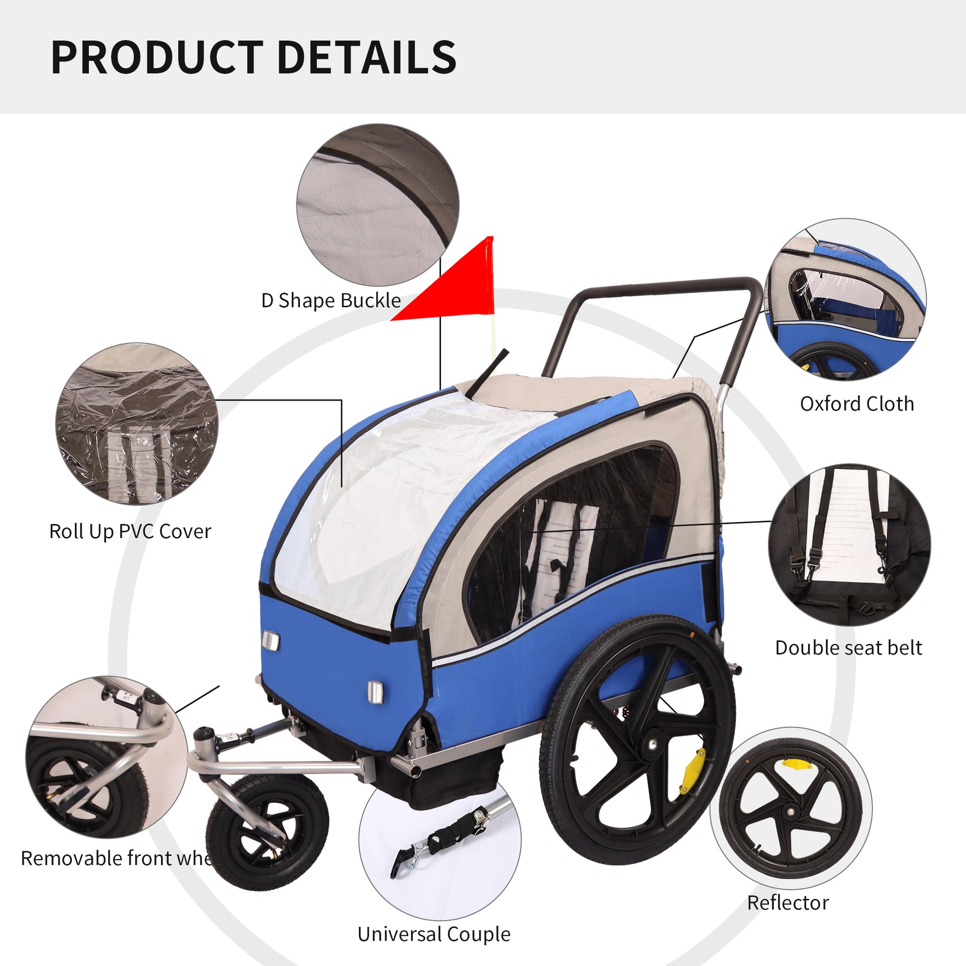 2 In 1 Double 2 Seat Bicycle Bike Trailer Jogger Stroller For Kids Children Foldable Collapsible W Pivot Front Wheel Blue Gray Fabric Steel