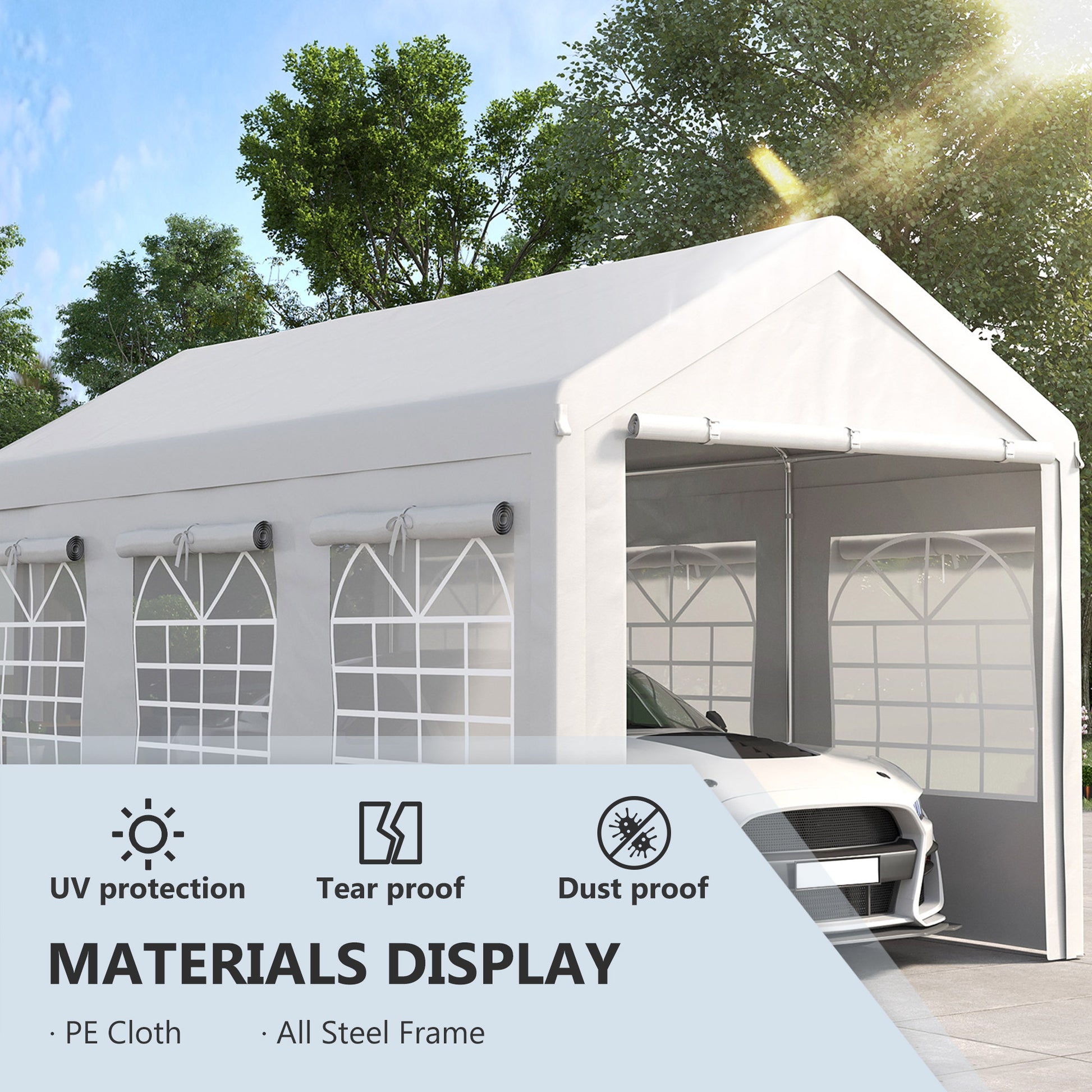 10' X 20' Party Tent And Carport, Height Adjustable Portable Garage, Outdoor Canopy Tent 8 Legs With Sidewalls For Car, Truck, Boat, Motorcycle, Bike, Garden Tools, White White Steel