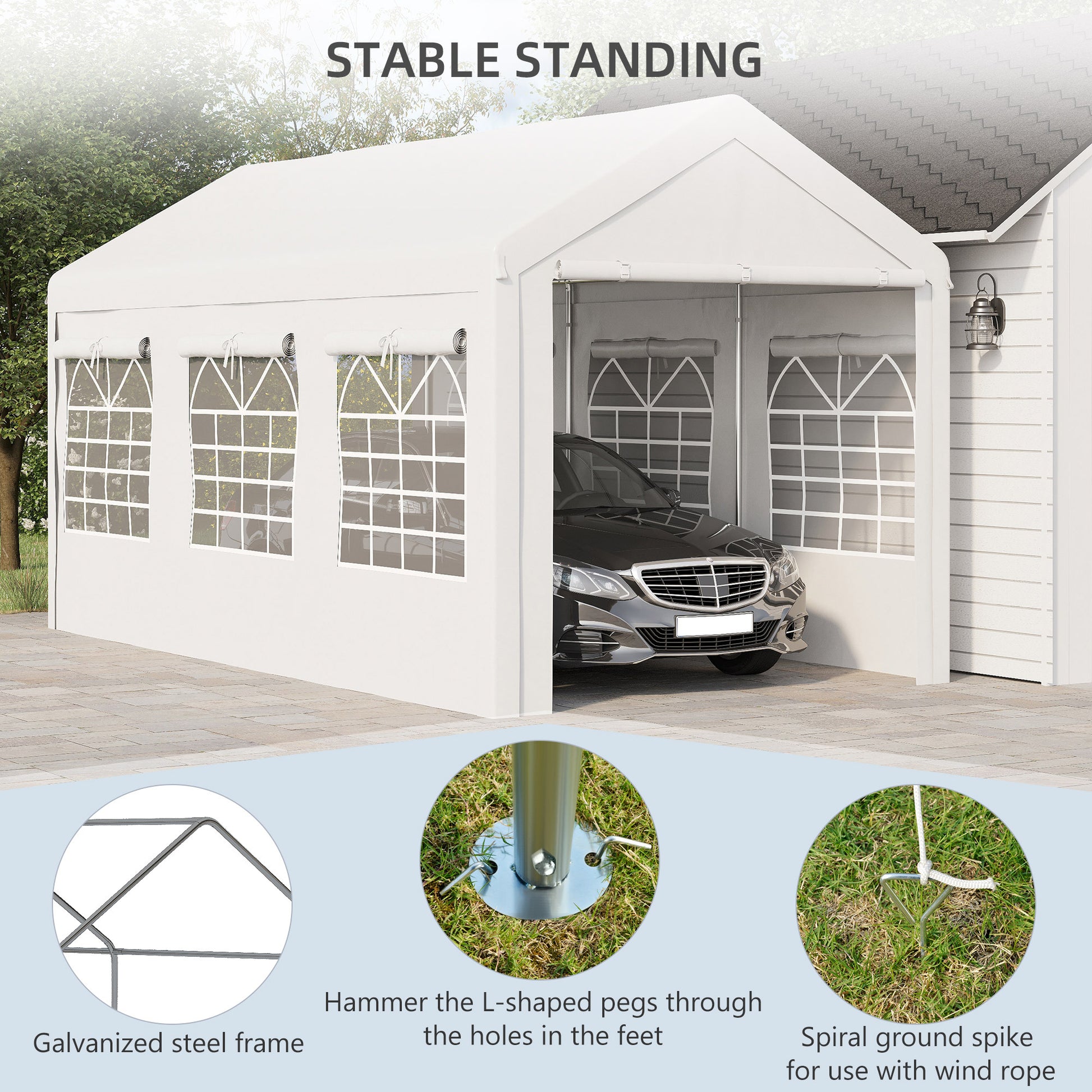 10' X 20' Party Tent And Carport, Height Adjustable Portable Garage, Outdoor Canopy Tent 8 Legs With Sidewalls For Car, Truck, Boat, Motorcycle, Bike, Garden Tools, White White Steel