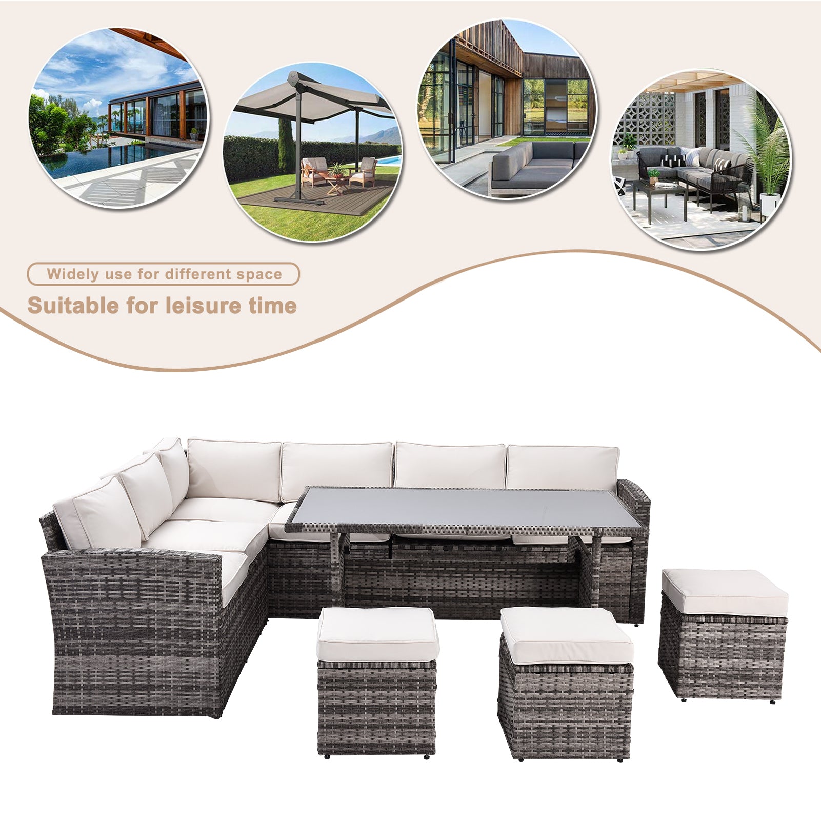 Outdoor Patio Furniture Set,7 Pieces Outdoor Sectional Conversation Sofa With Dining Table,Chairs And Ottomans,All Weather Pe Rattan And Steel Frame,With Backrest And Removable Cushions Grey Beige Yes Dining Set Gray Beige Weather Resistant Frame Garden