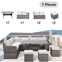 Outdoor Patio Furniture Set,7 Pieces Outdoor Sectional Conversation Sofa With Dining Table,Chairs And Ottomans,All Weather Pe Rattan And Steel Frame,With Backrest And Removable Cushions Grey Beige Yes Dining Set Gray Beige Weather Resistant Frame Garden