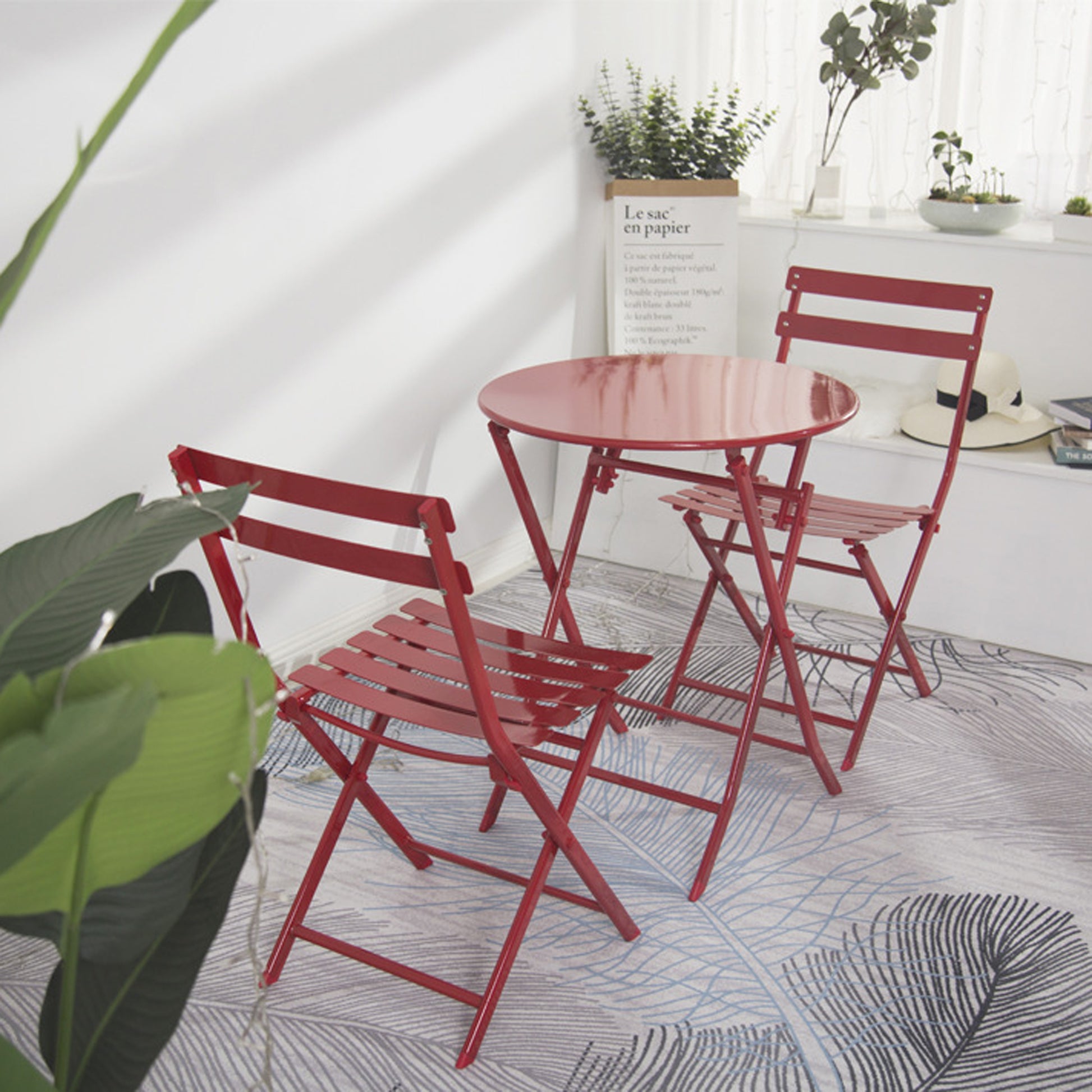3 Piece Patio Bistro Set Of Foldable Round Table And Chairs, Red No Red Metal