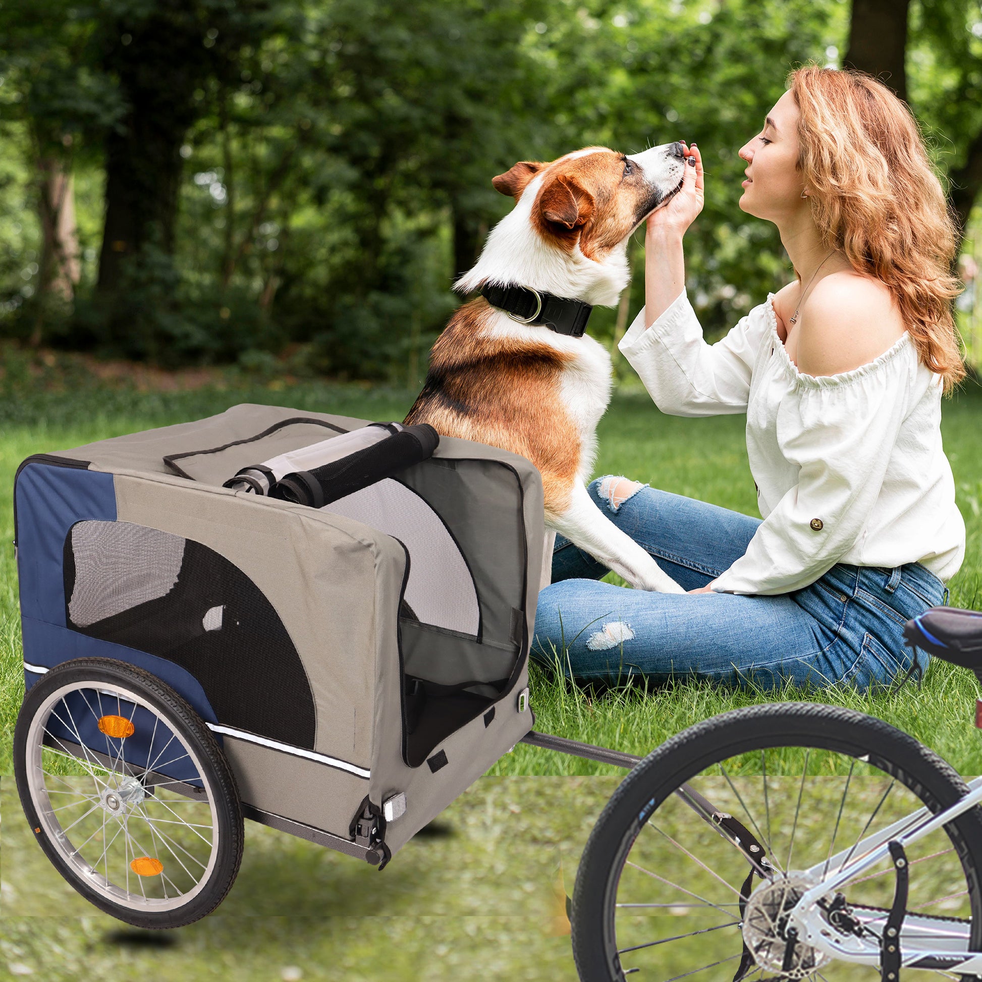Tangkula Dog Bike Trailer,Mesh Dog Cart With 3 Entrances, Safety Flag, 8 Reflectors, Folding Pet Carrier Wagon With 20 Inch Wheels, Bicycle Carrier For Medium And Small Sized Dogs Blue Grey Fabric Steel