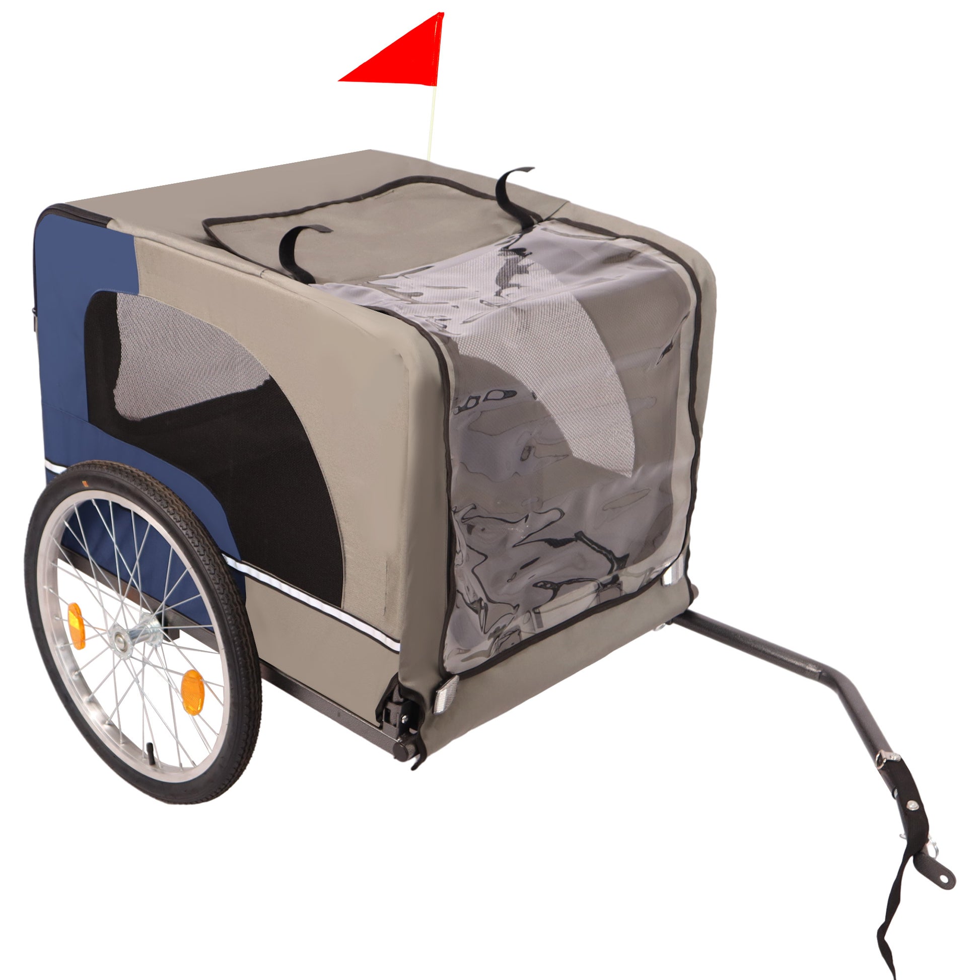 Tangkula Dog Bike Trailer,Mesh Dog Cart With 3 Entrances, Safety Flag, 8 Reflectors, Folding Pet Carrier Wagon With 20 Inch Wheels, Bicycle Carrier For Medium And Small Sized Dogs Blue Grey Fabric Steel