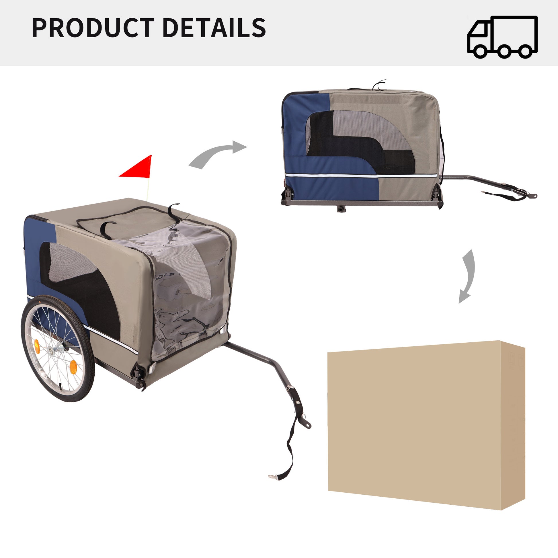 Tangkula Dog Bike Trailer,Mesh Dog Cart With 3 Entrances, Safety Flag, 8 Reflectors, Folding Pet Carrier Wagon With 20 Inch Wheels, Bicycle Carrier For Medium And Small Sized Dogs Blue Grey Fabric Steel