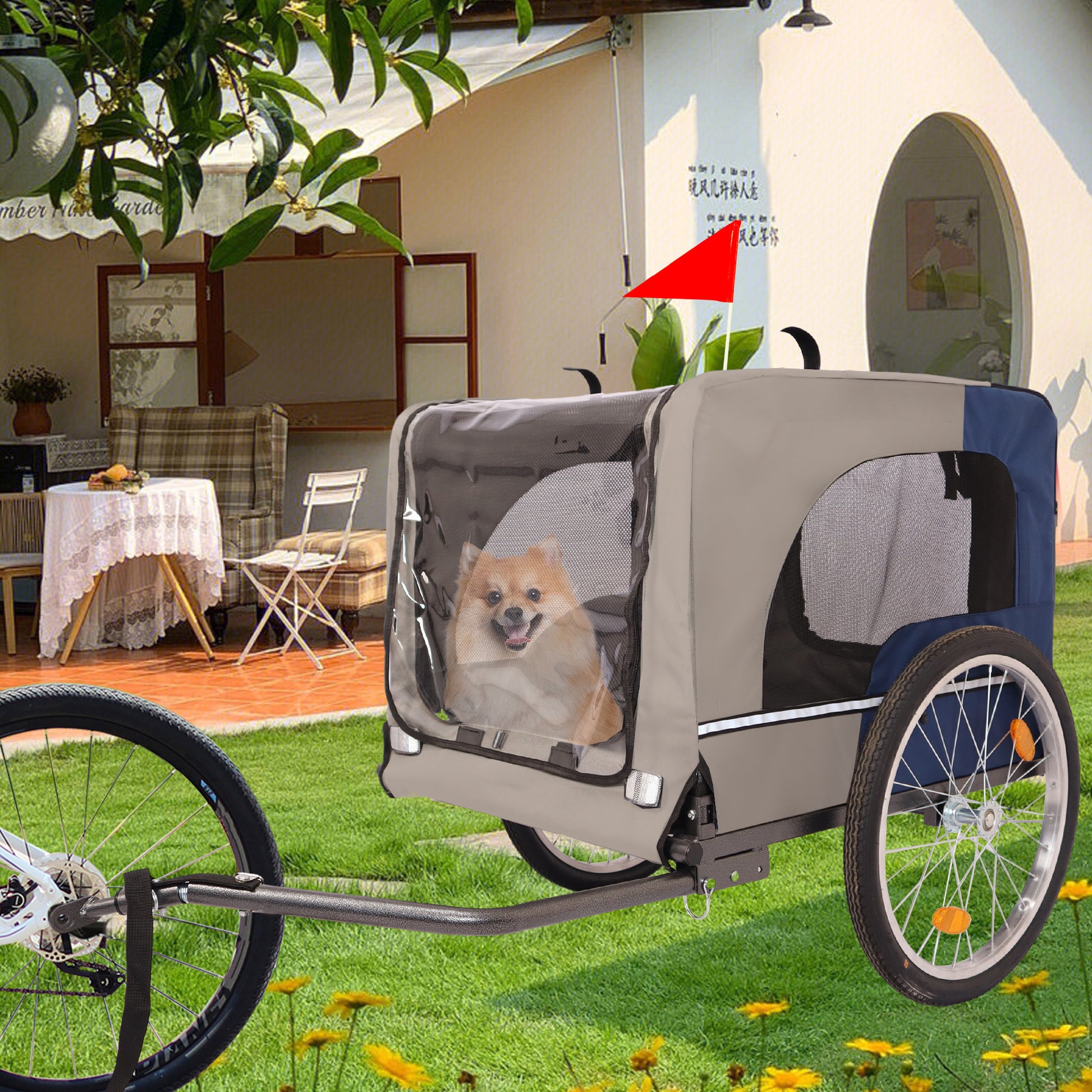 Tangkula Dog Bike Trailer,Mesh Dog Cart With 3 Entrances, Safety Flag, 8 Reflectors, Folding Pet Carrier Wagon With 20 Inch Wheels, Bicycle Carrier For Medium And Small Sized Dogs Blue Grey Fabric Steel