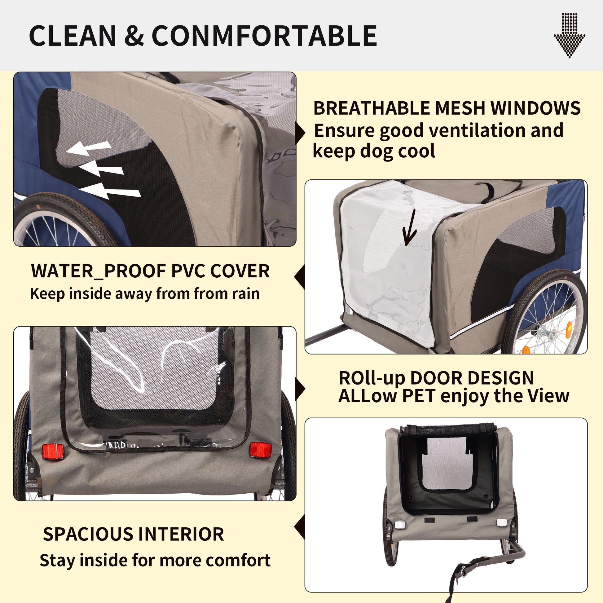 Tangkula Dog Bike Trailer,Mesh Dog Cart With 3 Entrances, Safety Flag, 8 Reflectors, Folding Pet Carrier Wagon With 20 Inch Wheels, Bicycle Carrier For Medium And Small Sized Dogs Blue Grey Fabric Steel