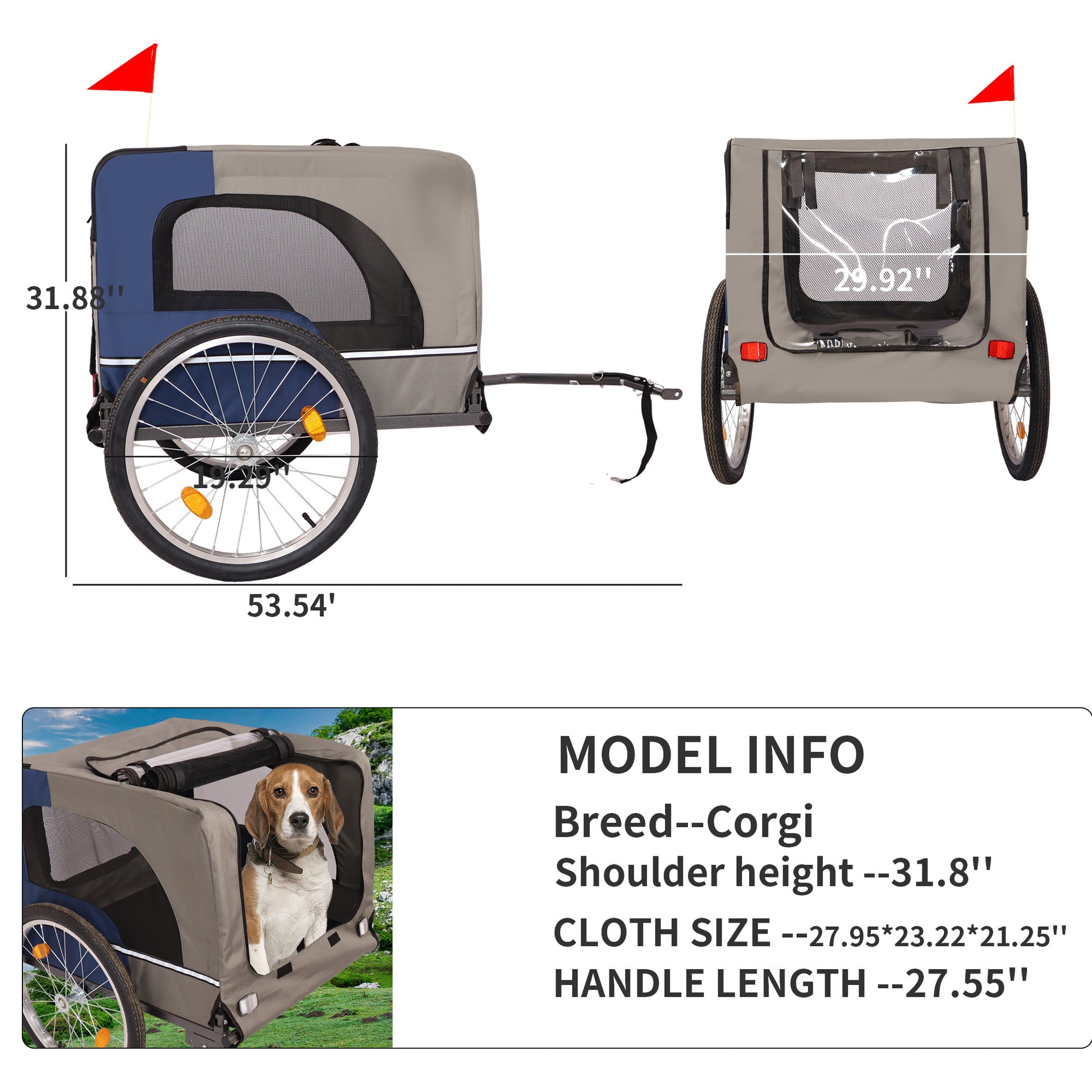 Tangkula Dog Bike Trailer,Mesh Dog Cart With 3 Entrances, Safety Flag, 8 Reflectors, Folding Pet Carrier Wagon With 20 Inch Wheels, Bicycle Carrier For Medium And Small Sized Dogs Blue Grey Fabric Steel