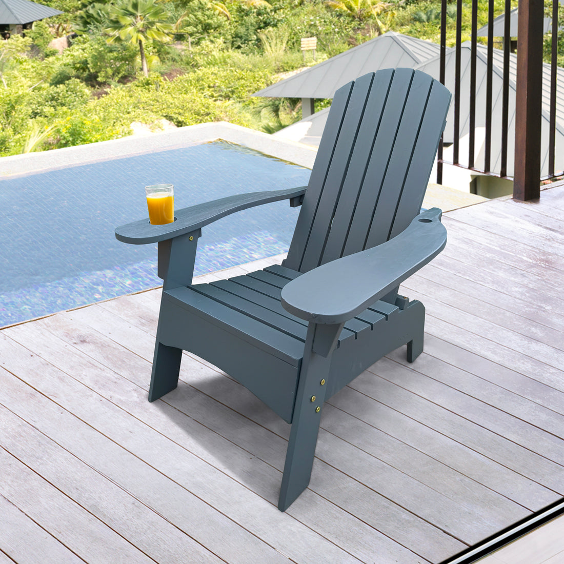 Outdoor Or Indoor Wood Adirondack Chair With An Hole To Hold Umbrella On The Arm ,Gray Gray Solid Wood