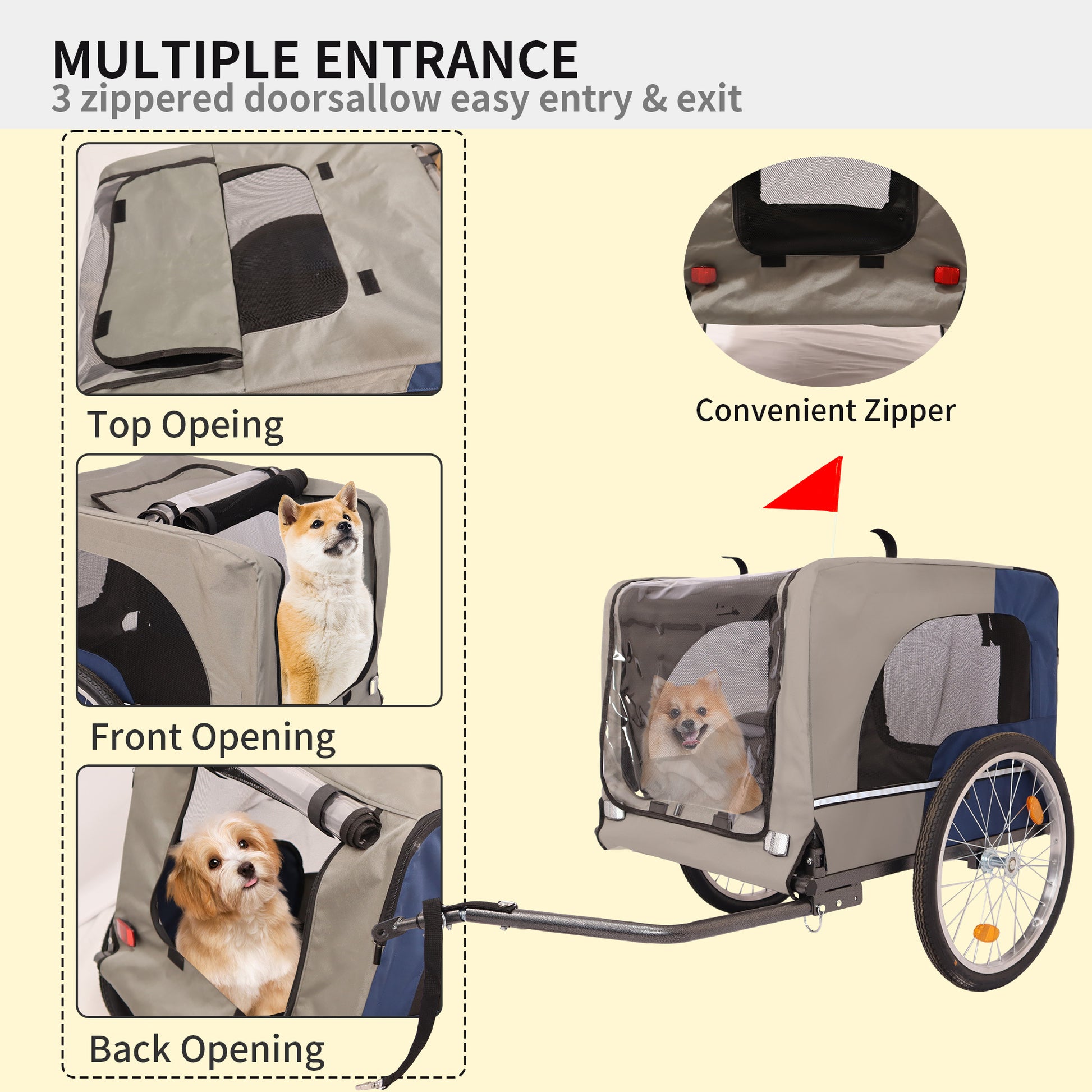 Tangkula Dog Bike Trailer,Mesh Dog Cart With 3 Entrances, Safety Flag, 8 Reflectors, Folding Pet Carrier Wagon With 20 Inch Wheels, Bicycle Carrier For Medium And Small Sized Dogs Blue Grey Fabric Steel