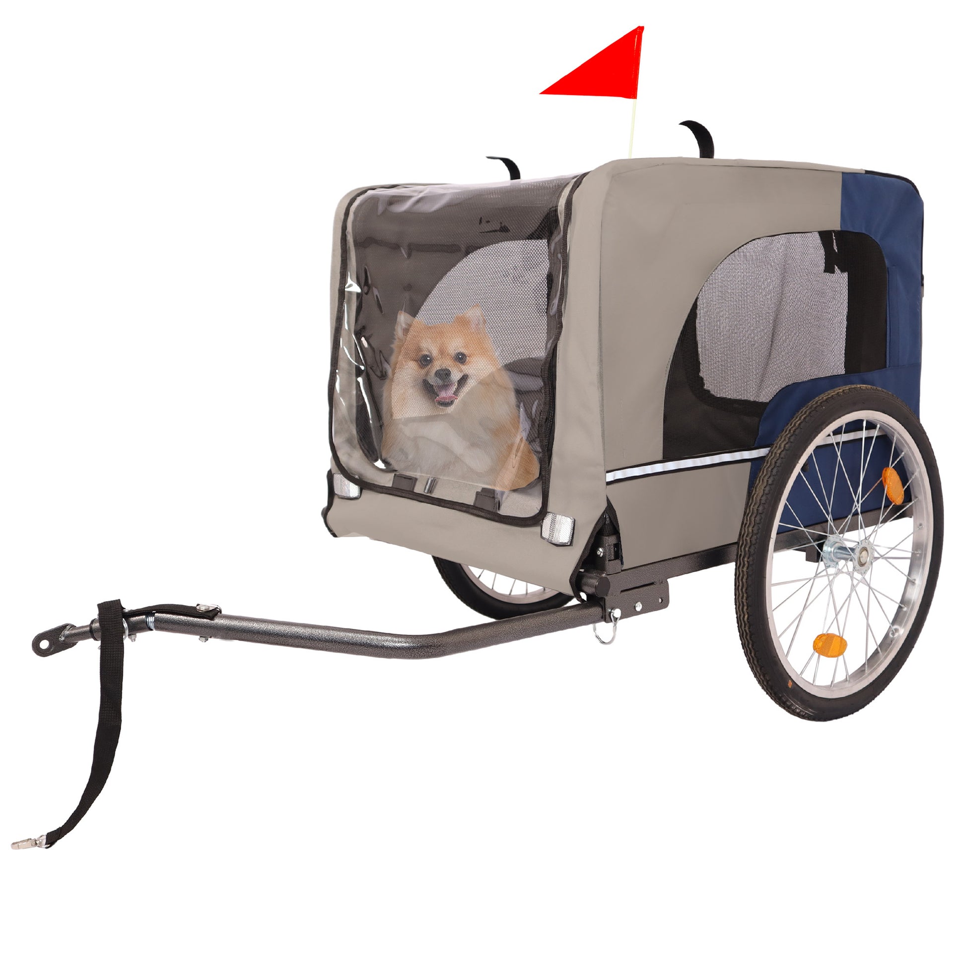 Tangkula Dog Bike Trailer,Mesh Dog Cart With 3 Entrances, Safety Flag, 8 Reflectors, Folding Pet Carrier Wagon With 20 Inch Wheels, Bicycle Carrier For Medium And Small Sized Dogs Blue Grey Fabric Steel