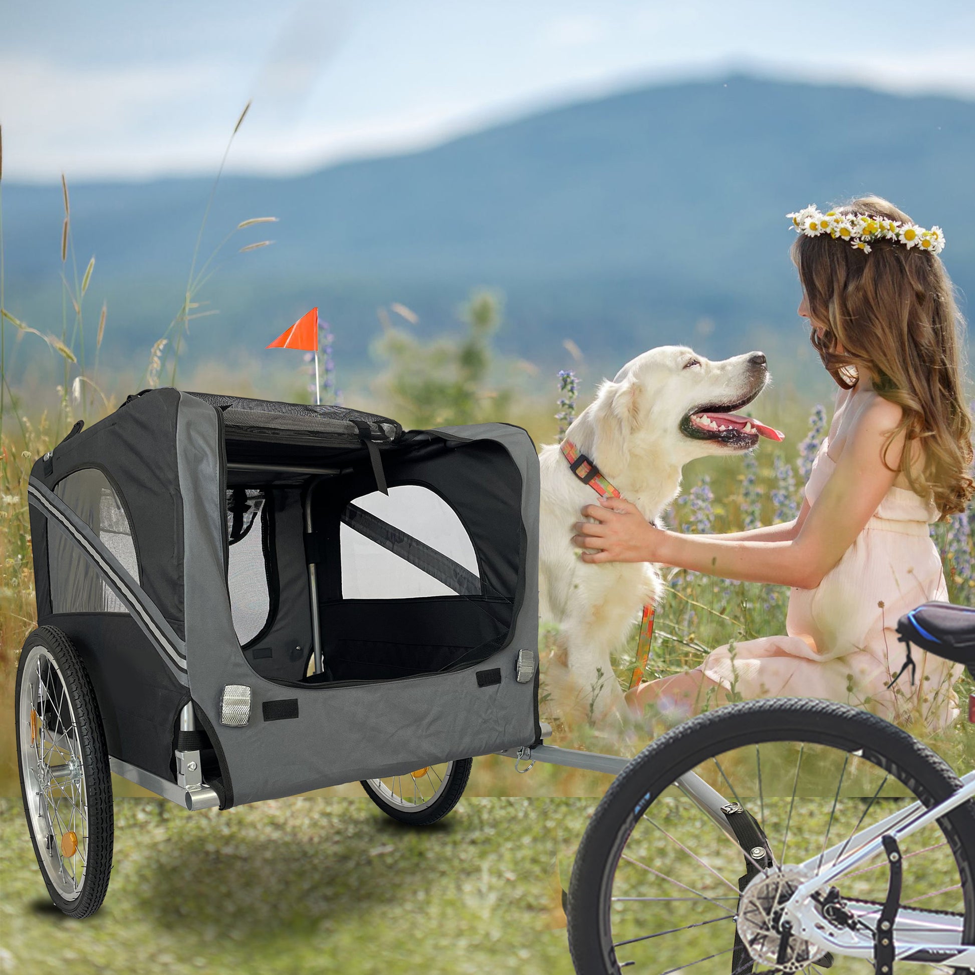 Outdoor Heavy Duty Foldable Utility Pet Stroller Dog Carriers Bicycle Trailer Black Gray Fabric Steel