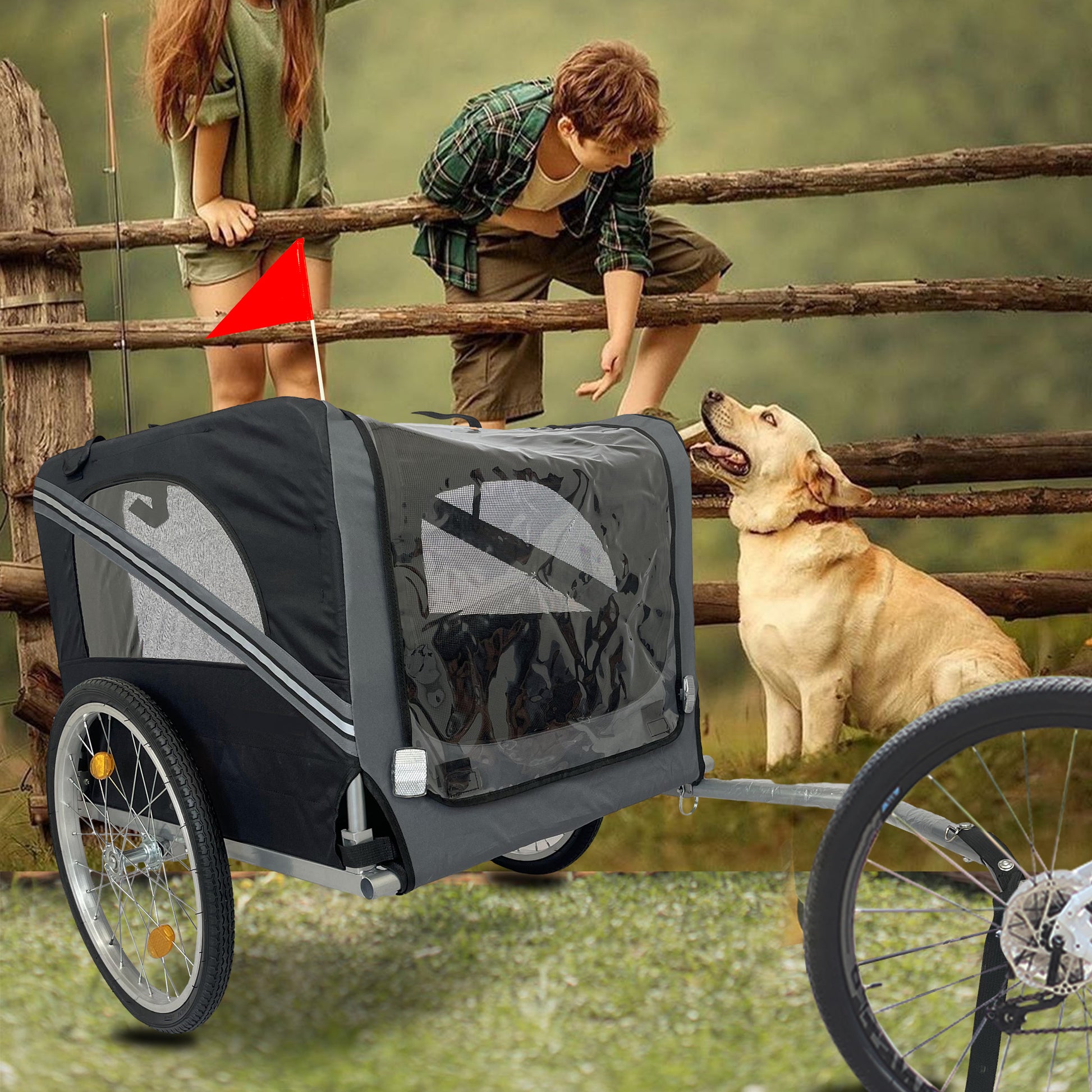 Outdoor Heavy Duty Foldable Utility Pet Stroller Dog Carriers Bicycle Trailer Black Gray Fabric Steel
