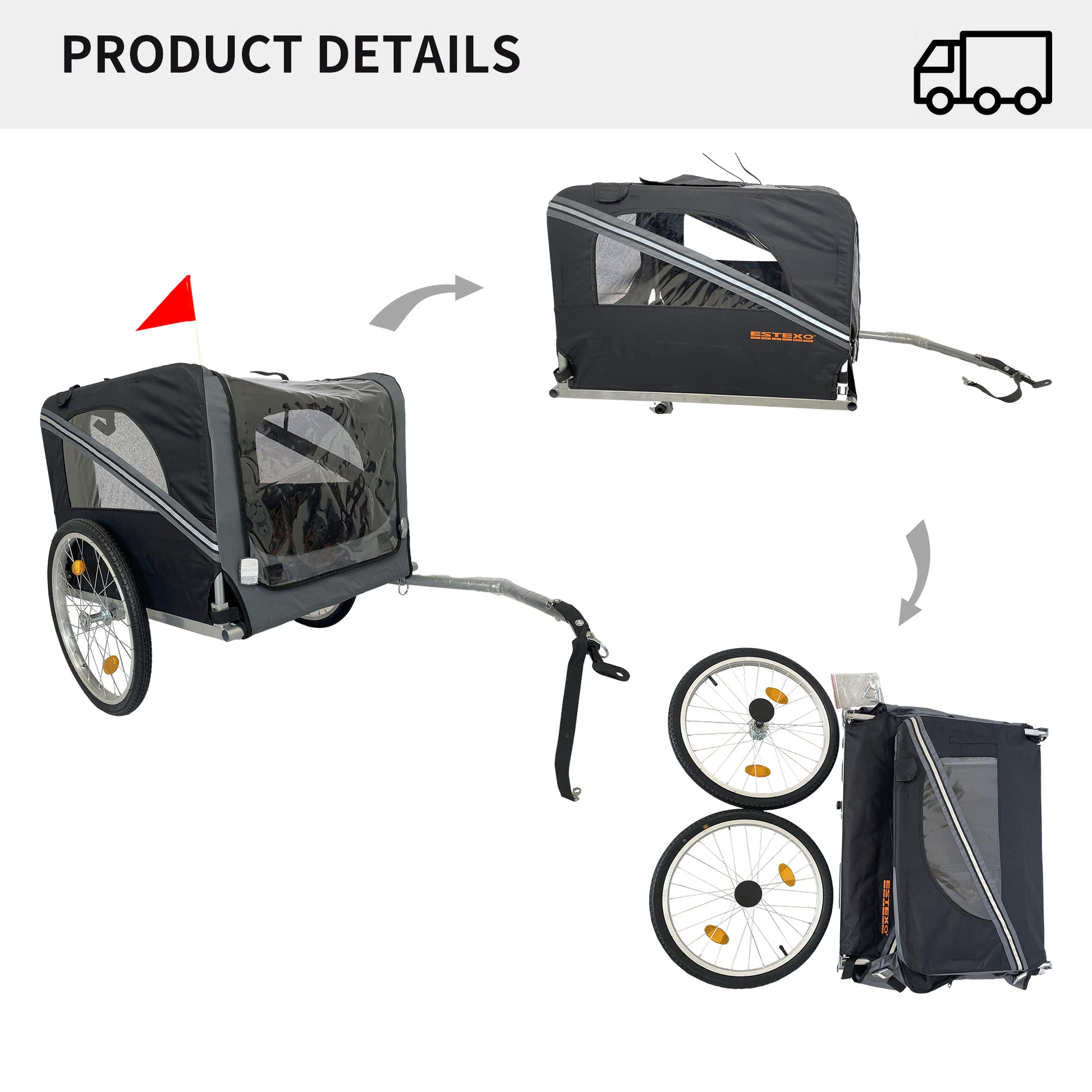Outdoor Heavy Duty Foldable Utility Pet Stroller Dog Carriers Bicycle Trailer Black Gray Fabric Steel