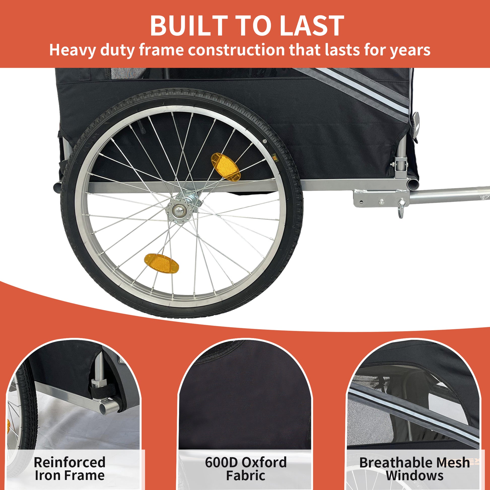 Outdoor Heavy Duty Foldable Utility Pet Stroller Dog Carriers Bicycle Trailer Black Gray Fabric Steel