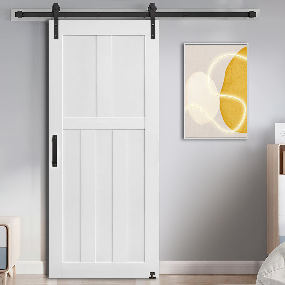 28" X 84" Five Panel Real Primed Door Slab 6.6Ft Barn Door Sliding Hardware Adjustable Floor Guider Pull Handle, Diy Unfinished Paneled Door, Modern Interior Barn Door, Moisture Proof White Mdf