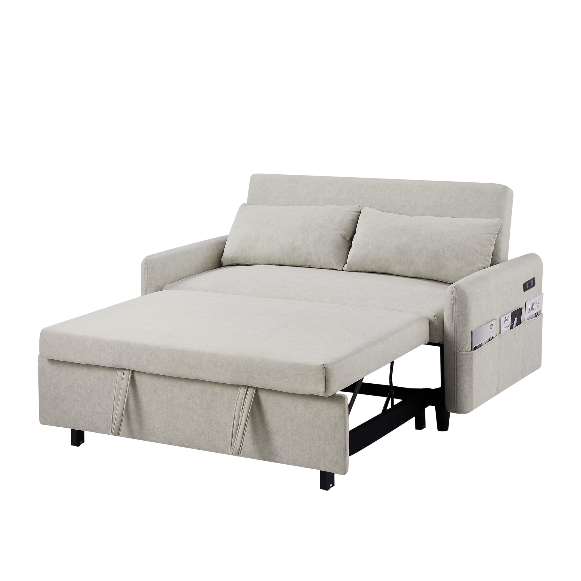 55.1" Pull Out Sleep Sofa Bed Loveseats Sofa Couch With Adjsutable Backrest, Storage Pockets, 2 Soft Pillows, Usb Ports For Living Room, Bedroom, Apartment, Office, Beige Old Sku: Wf315689Aaa Beige