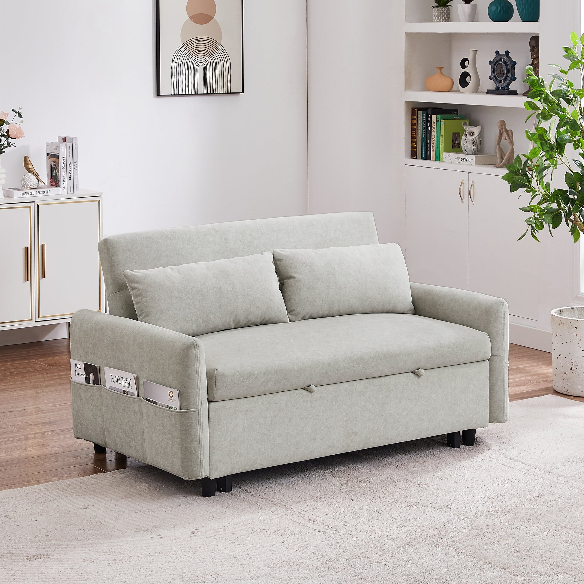 55.1" Pull Out Sleep Sofa Bed Loveseats Sofa Couch With Adjsutable Backrest, Storage Pockets, 2 Soft Pillows, Usb Ports For Living Room, Bedroom, Apartment, Office, Beige Old Sku: Wf315689Aaa Beige