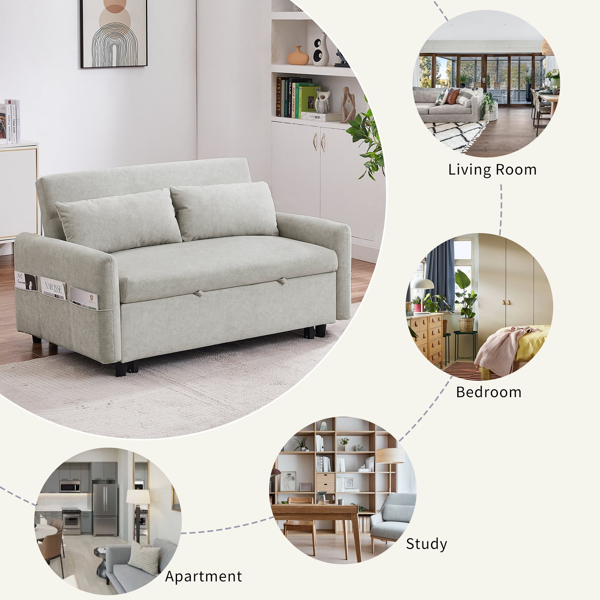 55.1" Pull Out Sleep Sofa Bed Loveseats Sofa Couch With Adjsutable Backrest, Storage Pockets, 2 Soft Pillows, Usb Ports For Living Room, Bedroom, Apartment, Office, Beige Old Sku: Wf315689Aaa Beige