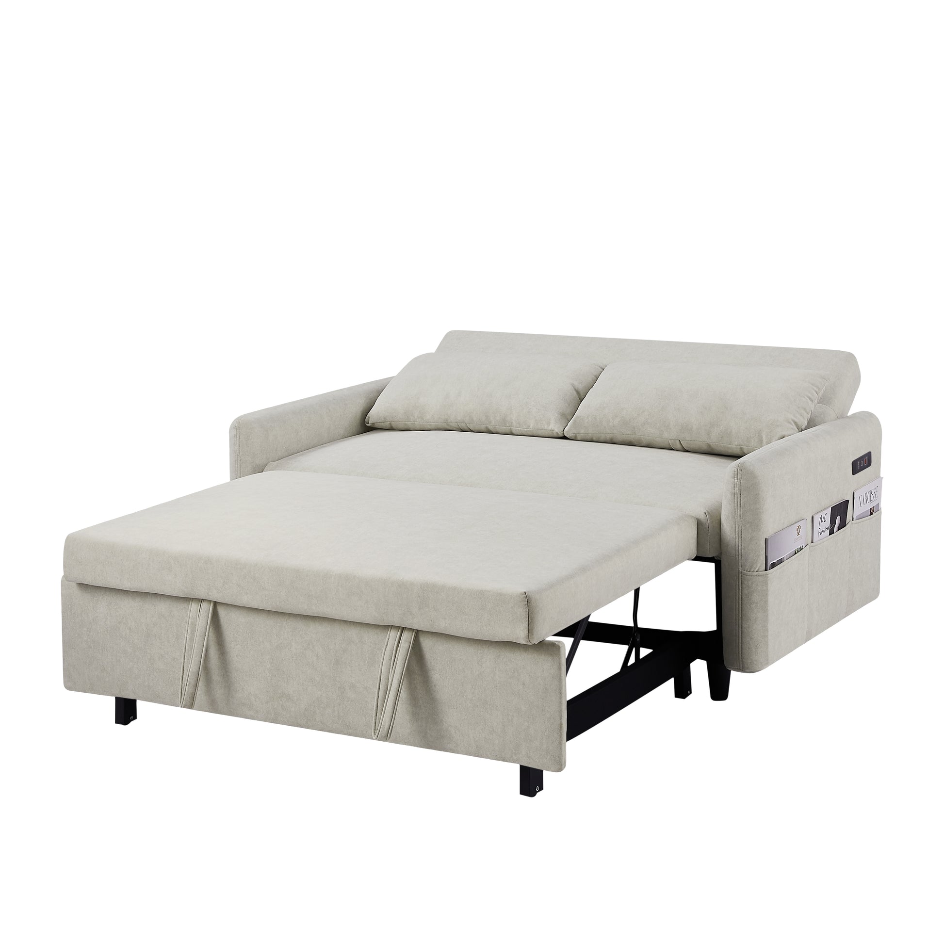 55.1" Pull Out Sleep Sofa Bed Loveseats Sofa Couch With Adjsutable Backrest, Storage Pockets, 2 Soft Pillows, Usb Ports For Living Room, Bedroom, Apartment, Office, Beige Old Sku: Wf315689Aaa Beige