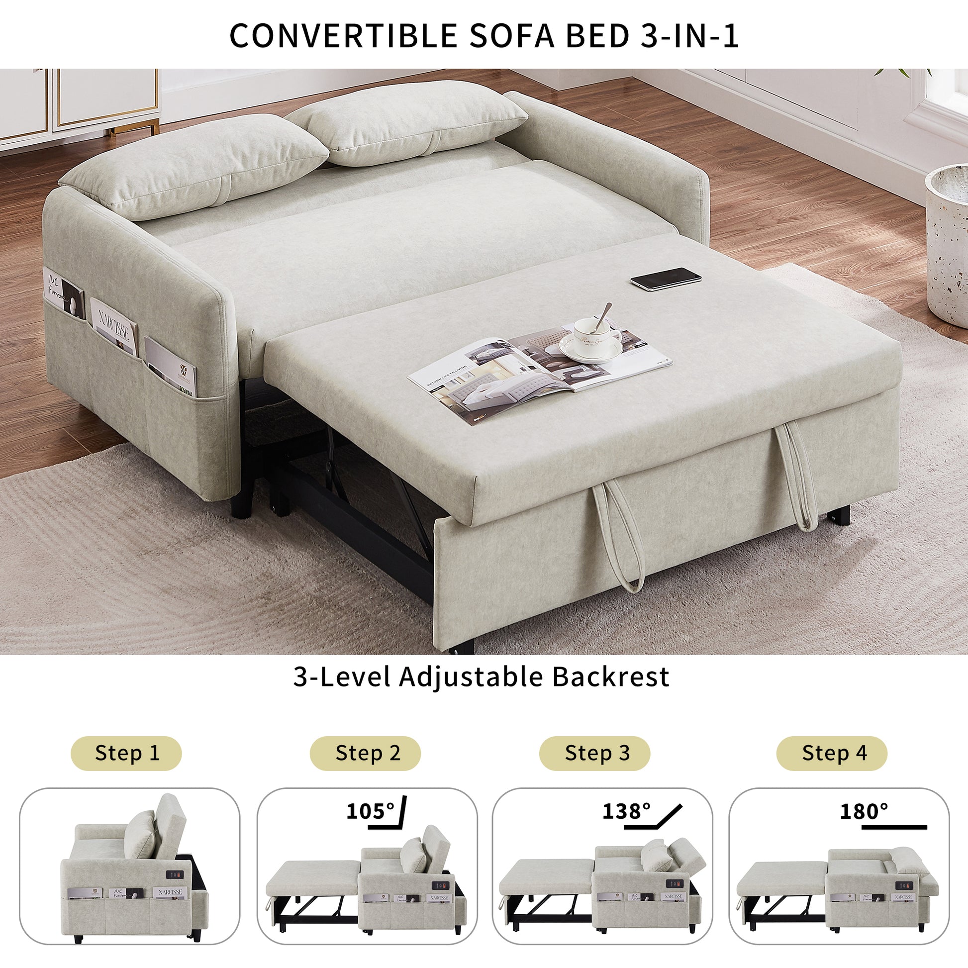 55.1" Pull Out Sleep Sofa Bed Loveseats Sofa Couch With Adjsutable Backrest, Storage Pockets, 2 Soft Pillows, Usb Ports For Living Room, Bedroom, Apartment, Office, Beige Old Sku: Wf315689Aaa Beige