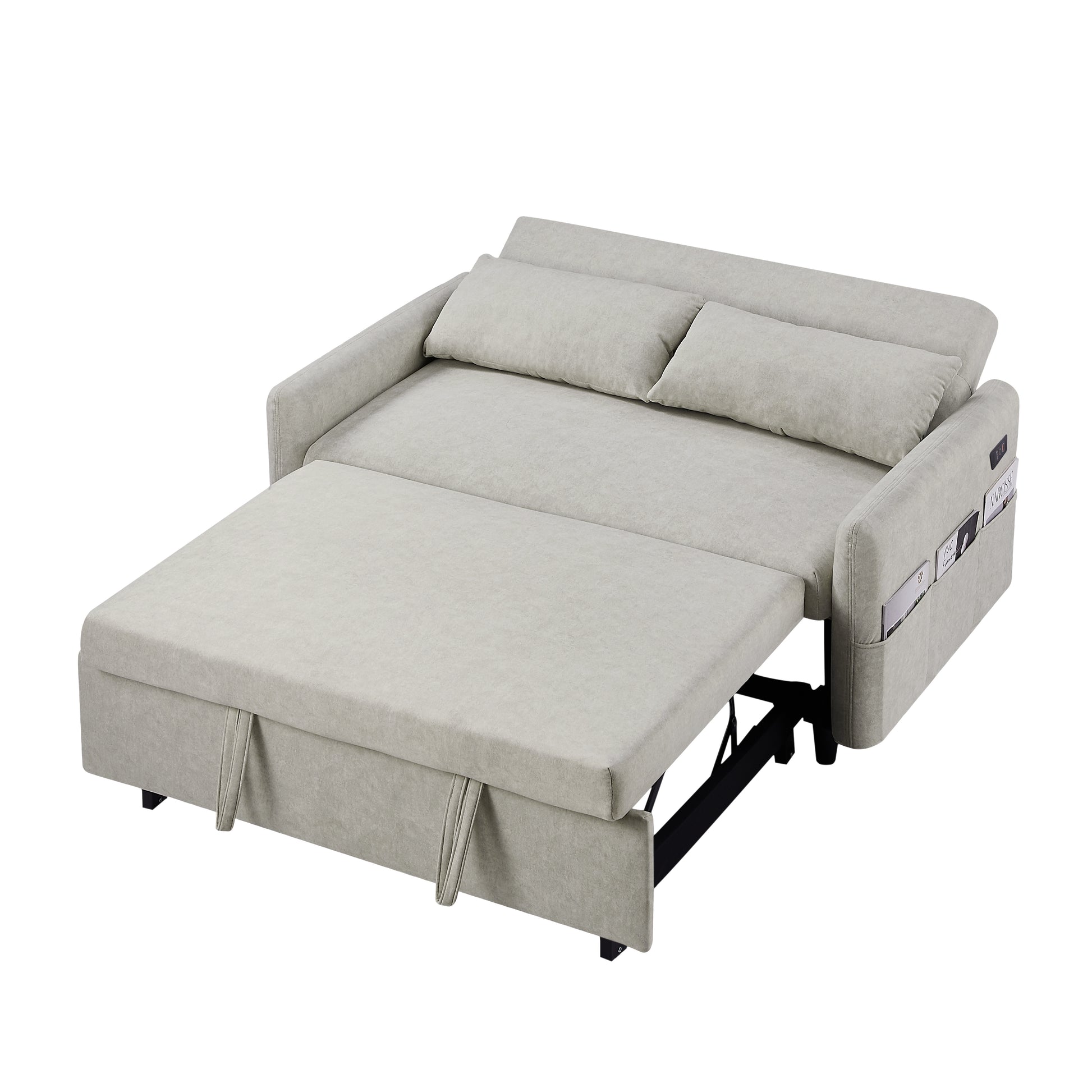 55.1" Pull Out Sleep Sofa Bed Loveseats Sofa Couch With Adjsutable Backrest, Storage Pockets, 2 Soft Pillows, Usb Ports For Living Room, Bedroom, Apartment, Office, Beige Old Sku: Wf315689Aaa Beige