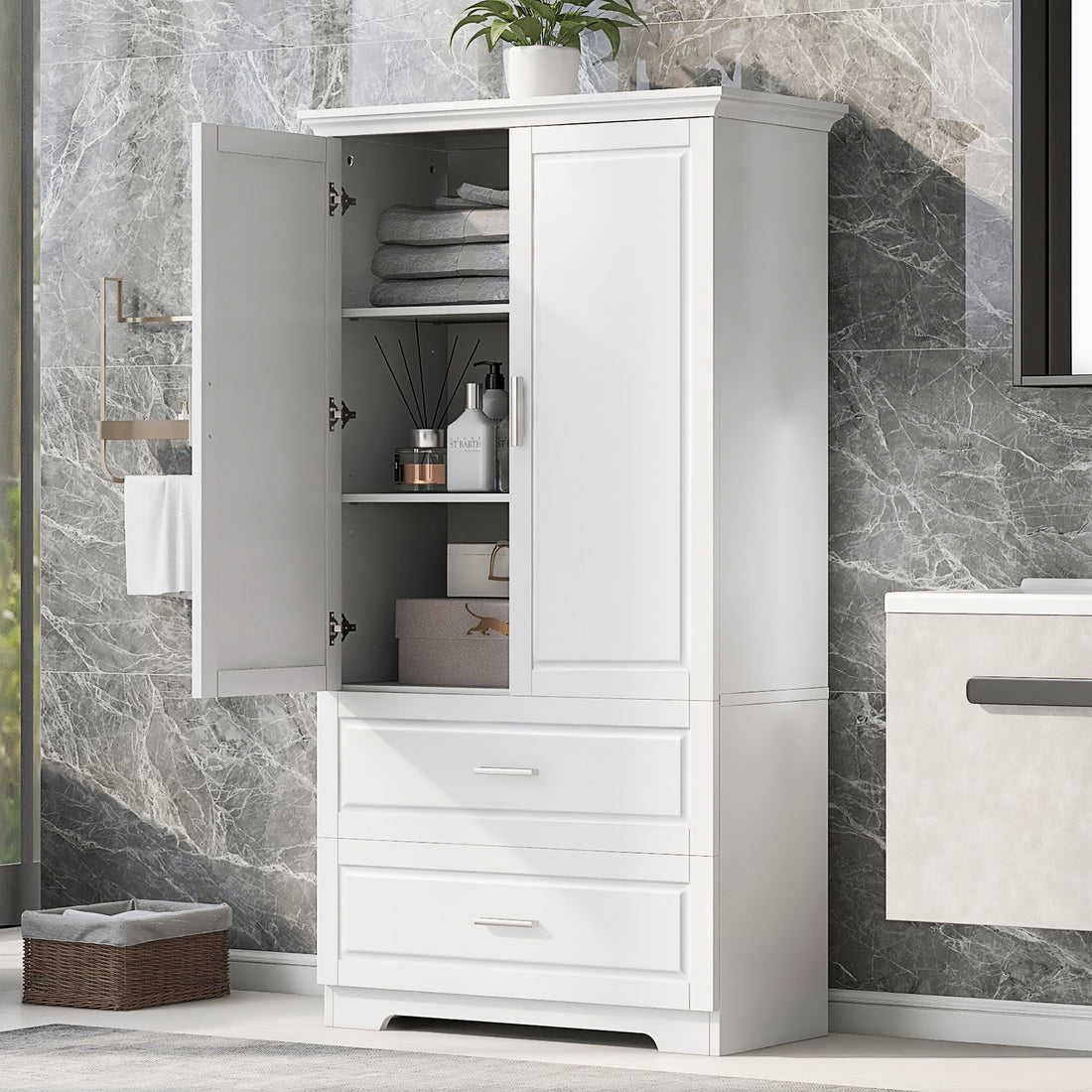 Tall Bathroom Storage Cabinet, Cabinet With Two Doors And Drawers, Adjustable Shelf, Mdf Board, White White Mdf