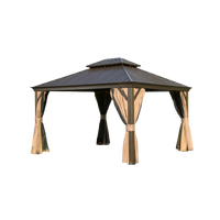 12'X14' Hardtop Gazebo, Outdoor Aluminum Frame Canopy With Galvanized Steel Double Roof, Outdoor Permanent Metal Pavilion With Curtains And Netting For Patio, Backyard And Lawn Brown Brown Aluminium