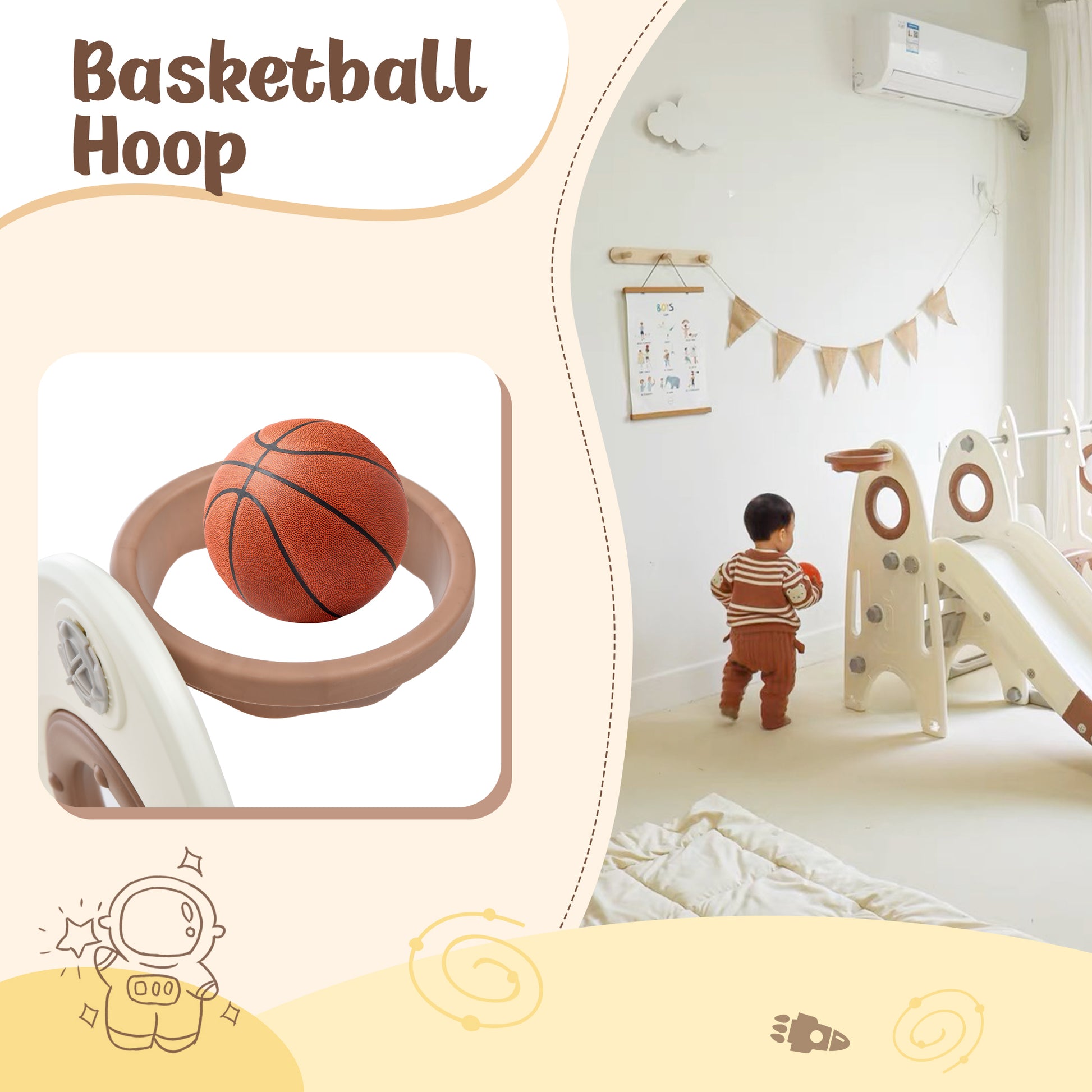 4 In 1 Toddler Slide And Swing Set, Kids Playground Climber Slide Playset With Basketball Hoop,Freestanding Combination For Babies Coffee 50 99 Lbs Hdpe