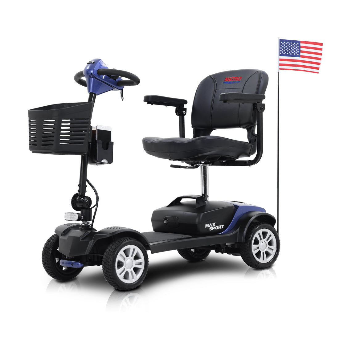 Max Sport Blue 4 Wheels Outdoor Compact Mobility Scooter With 2 In 1 Cup & Phone Holder Blue Metal