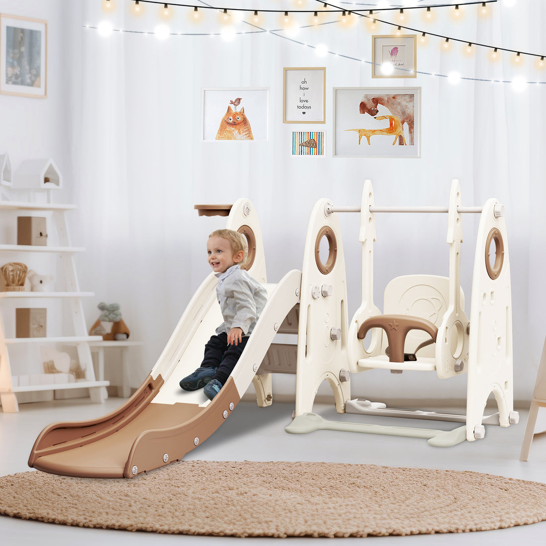 4 In 1 Toddler Slide And Swing Set, Kids Playground Climber Slide Playset With Basketball Hoop,Freestanding Combination For Babies Coffee 50 99 Lbs Hdpe