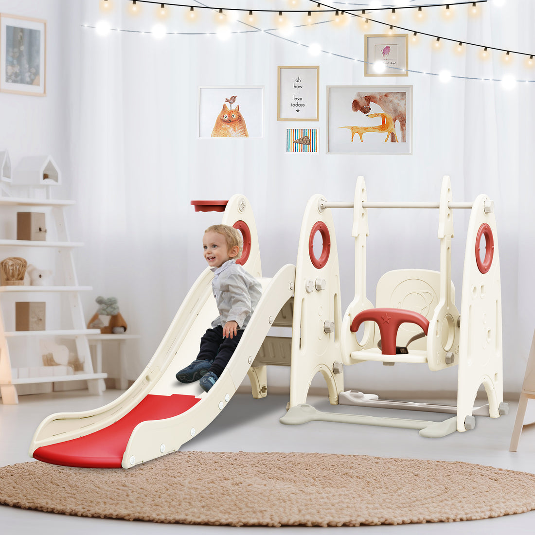 4 In 1 Toddler Slide And Swing Set, Kids Playground Climber Slide Playset With Basketball Hoop,Freestanding Combination For Babies Red 50 99 Lbs Hdpe Indoor & Outdoor Use