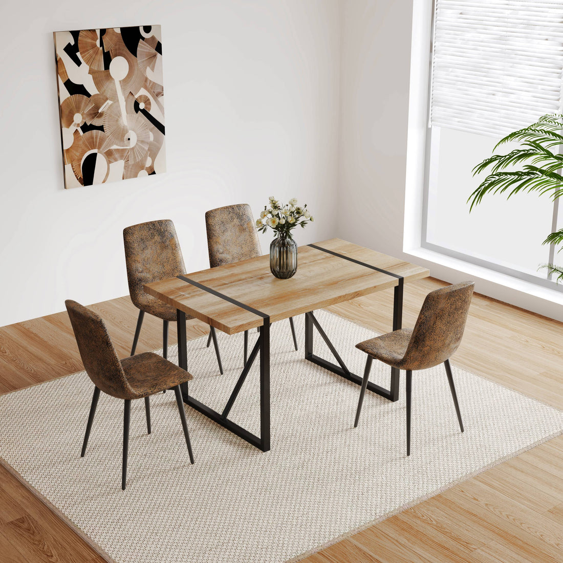 Mdf Wood Colour Dining Table And Modern Dining Chairs Set Of 4, Mid Century Wooden Kitchen Table Set, Metal Base & Legs, Dining Room Table And Suede Chairs Natural Wood Brown Kitchen Mid Century