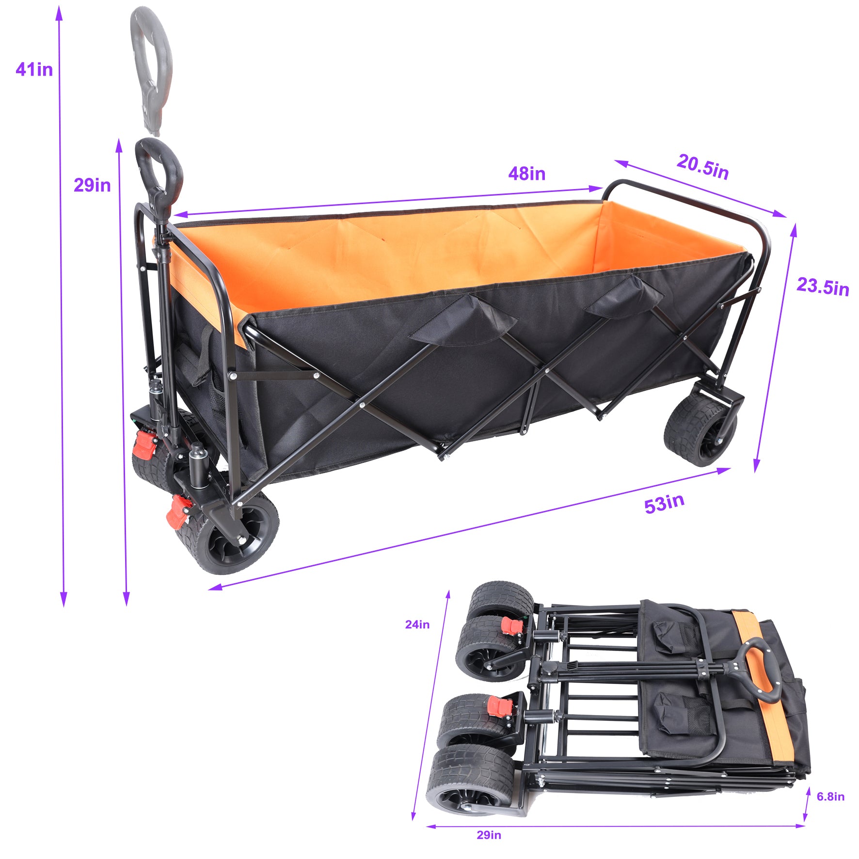 Big Large Capacity Folding Cart Extra Long Extender Wagon Cart Folding Wagon Garden Shopping Beach Cart Black Orange Black Steel