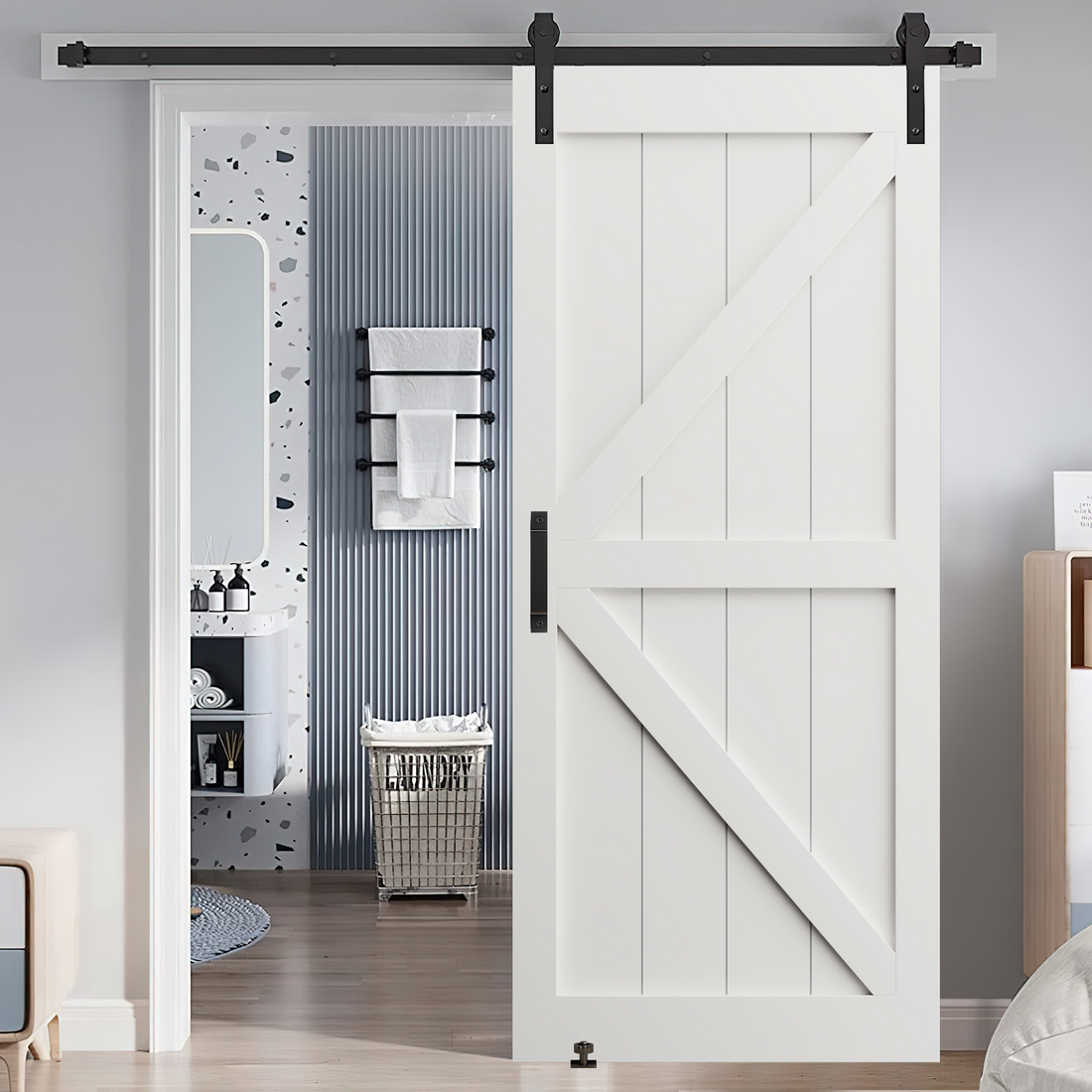 24" X 84" "K" Style Real Primed Door Slab 6.6Ft Barn Door Sliding Hardware Adjustable Floor Guider Pull Handle, Diy Unfinished Paneled Door, Modern Interior Barn Door, Moisture Proof White Mdf